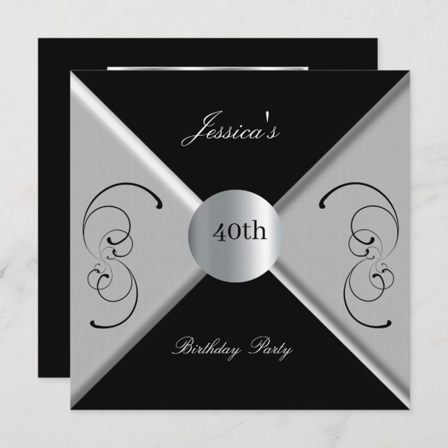 40th Black White Birthday Party Invitation (Front/Back)