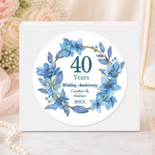 40th Blue Floral Ruby Wedding Anniversary Classic Round Sticker
