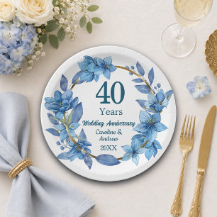 40th Blue Floral Ruby Wedding Anniversary  Paper Plate