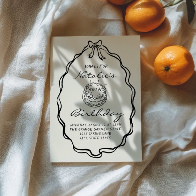 40th Bow Hand Drawn Cake Coquette Birthday Party Invitation (Creator Uploaded)