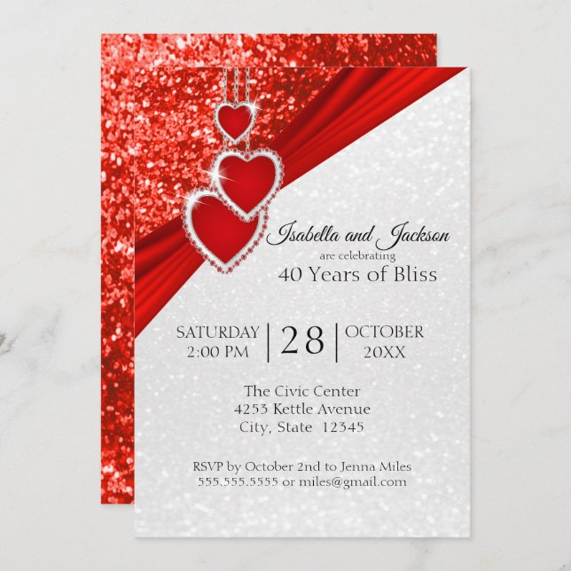 40th Bright Red Glitter Anniversary Design  Invitation (Front/Back)