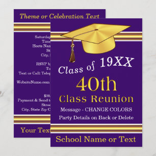 40th Class Reunion Invitations, Purple, ANY COLORS Invitation