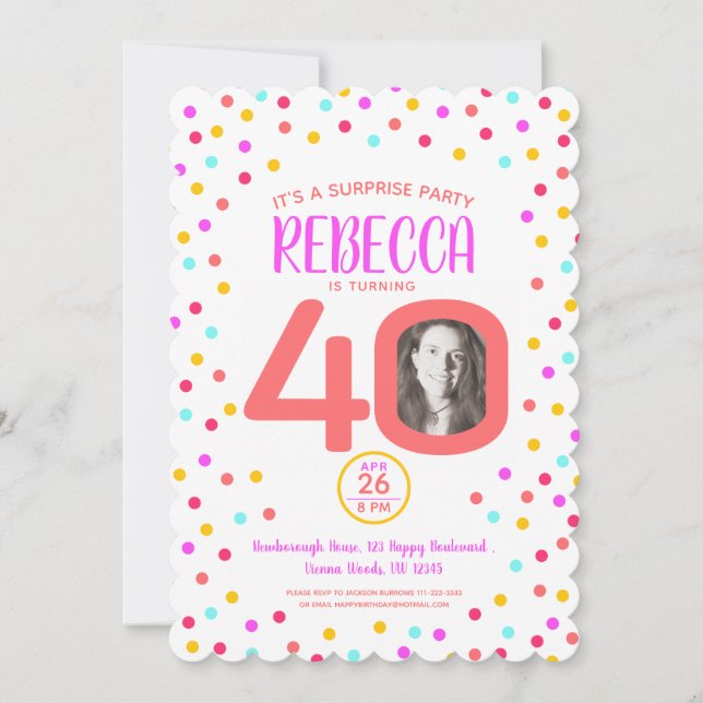 40th custom photo colourful coral confetti birthda invitation (Front)