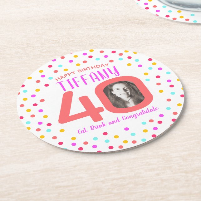 40th custom photo colourful coral confetti birthda round paper coaster (Angled)