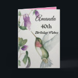 40th Elegant Birthday Hummingbird Watercolor Card<br><div class="desc">Celebrate her 40th birthday with an elegant hummingbird design on a charming greeting card. Created from my original watercolour painting, the lovely little bird and flower image will brighten the day for birdwatchers, gardeners and nature lovers. The special woman in your life will love the pastel colours of cream, pink...</div>