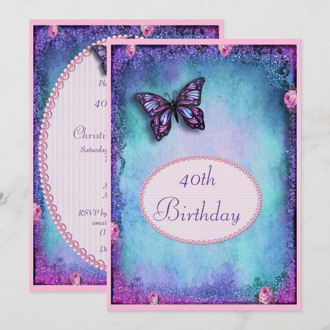 40th Faux Glitter, Butterfly, Roses & Lace Invitation (Front/Back)