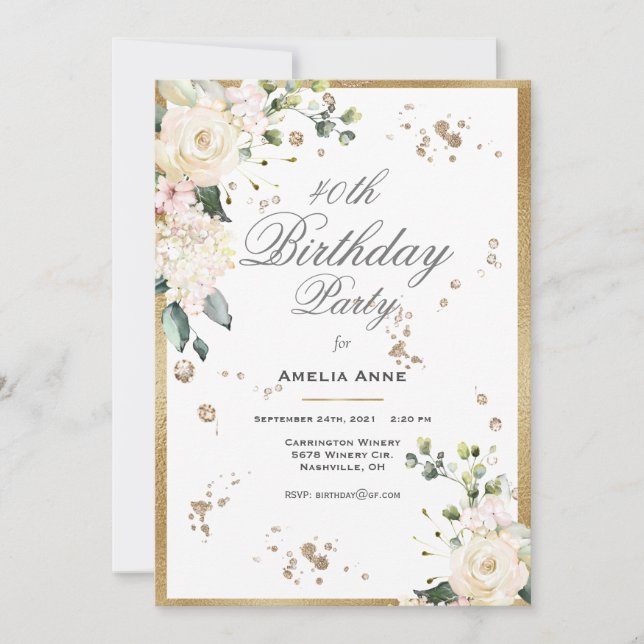 40th Forty 40 Fortieth Birthday Floral Female Invitation (Front)