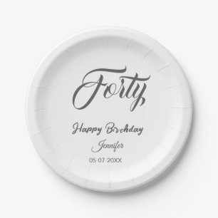 40th forty letterbirthday add name date year gray  paper plate