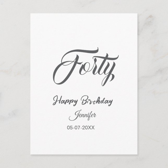 40th forty letterbirthday add name date year gray  postcard (Front)