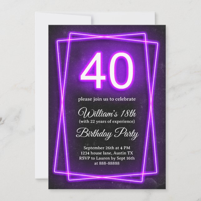 40th Funny Forty Neon Lights Retro Black Birthday Invitation (Front)
