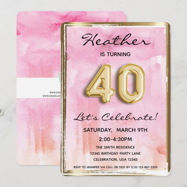40th Girl Birthday Pink and Gold Invitation (Front/Back)