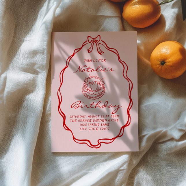 40th Hand Drawn Cake Coquette 40th Frame Birthday Invitation (Creator Uploaded)