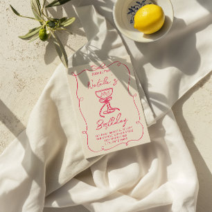 40th Hand Drawn Pink Bow Champagne Glass Birthday Invitation