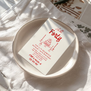 40th Hand Written Drawn Cake Hello Forty Birthday  Invitation