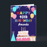 40th Happy Birthday Balloons Cake Navy Blue Card<br><div class="desc">40th Happy Birthday Colourful Balloons Cake Navy Blue with personalised name. For further customisation,  please click the "Customise it" button and use our design tool to modify this template.</div>