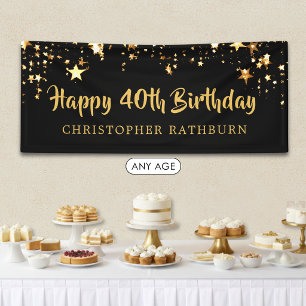 40th Happy Birthday Black Gold Stars or Your Text Banner
