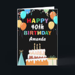 40th Happy Birthday Colourful Balloons Cake Black Card<br><div class="desc">40th Happy Birthday Colourful Balloons Cake Black with personalised name. For further customisation,  please click the "Customise it" button and use our design tool to modify this template.</div>