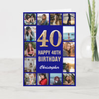 40th Happy Birthday Navy Blue & Gold Photo Collage