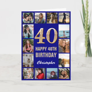 40th Happy Birthday Navy Blue & Gold Photo Collage Card