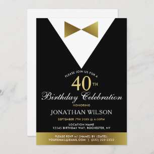 40th Invitations, Black Gold Tuxedo Birthday Party Invitation