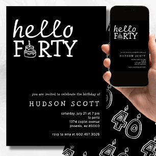 40th Mens Birthday Party Hello Forty Modern Black Invitation