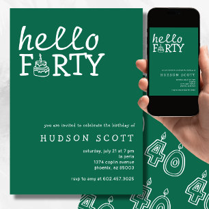40th Mens Birthday Party Hello Forty Modern Green Invitation