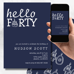 40th Mens Birthday Party Hello Forty Navy Blue Invitation