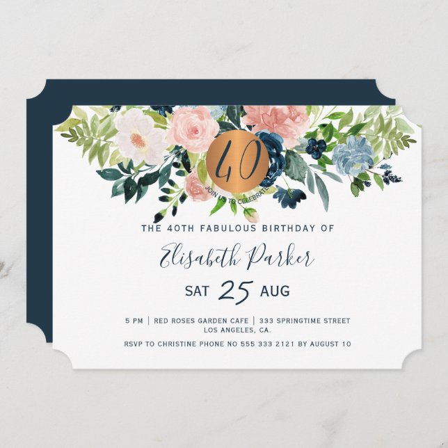 40th Modern floral navy watercolor birthday party Invitation (Front/Back)