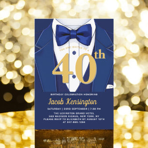 40th Navy Blue and Gold Tuxedo Birthday Event Invitation