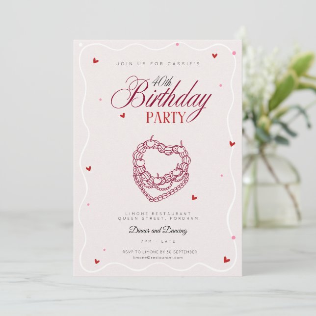 40th Party Invitation Retro Vintage Heart Cake  (Standing Front)