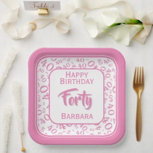 40th Party Random Number Pattern Pink/White Paper Plate