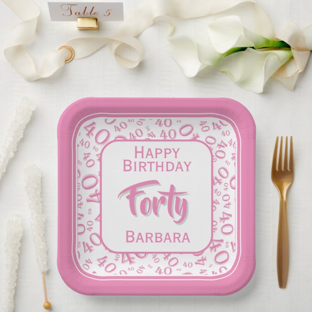 40th Party Random Number Pattern Pink/White Paper Plate (Wedding)