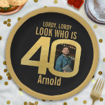 40th photo birthday black and gold paper plate<br><div class="desc">Simple black and gold lordy,  lordy look who is 40th birthday plates to celebrate a fortieth birthday. Customise with your own photograph. Perfect for a special 40th birthday party. Other matching items are available. Design by Sarah Trett for www.mylittleeden.com</div>