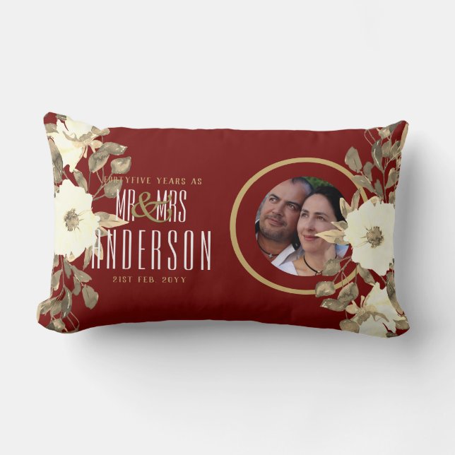 40th PHOTO Wedding Anniversary Floral Ruby Gold Lumbar Cushion (Front)