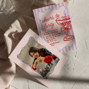 40th Pink Drawn Colorful Champagne Photo Birthday Invitation