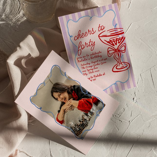 40th Pink Drawn Colourful Champagne Photo Birthday Invitation (Creator Uploaded)