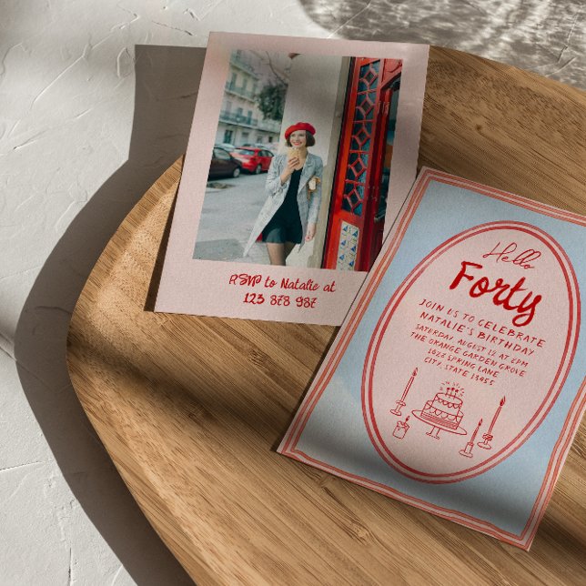 40th Pink Hand Drawn Cake Quirky Photo Birthday Invitation (Creator Uploaded)