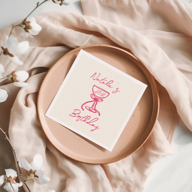40th Pink Hand Drawn Champagne Bow Glass Birthday Napkin (Creator Uploaded)