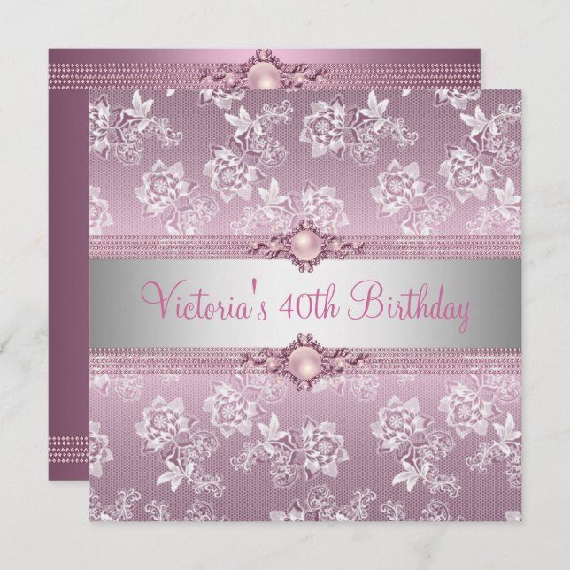 40th Pink White Silver Lace Floral Birthday Party Invitation (Front/Back)