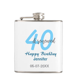 40th & renewed birthday name date blue bold number hip flask