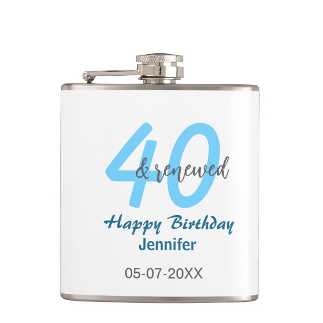 40th & renewed birthday name date blue bold number hip flask (Front)