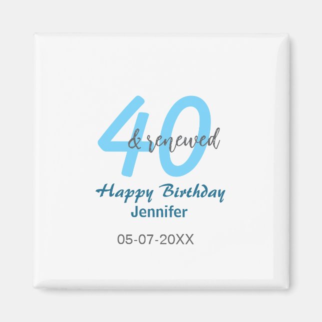 40th & renewed birthday name date blue bold number magnet (Front)