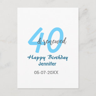 40th & renewed birthday name date blue bold number postcard