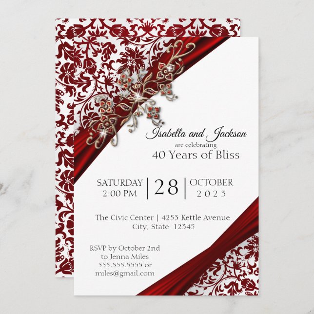 40th Ruby and White Floral Anniversary Design Invitation (Front/Back)