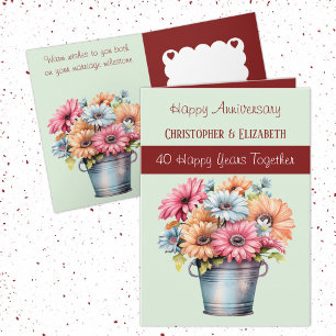 40th Ruby Anniversary flowers burgundy green Card