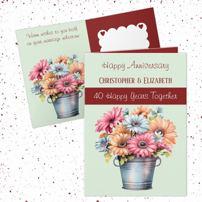 40th Ruby Anniversary flowers burgundy green Card (Creator Uploaded)