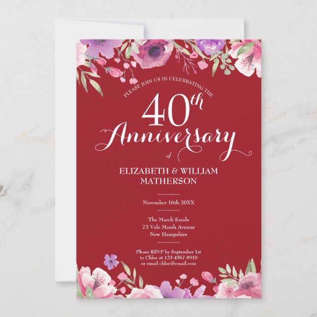 40th Ruby Anniversary Wedding Photo Floral Roses Invitation (Front)
