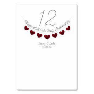 40th ruby heart wedding anniversary table number