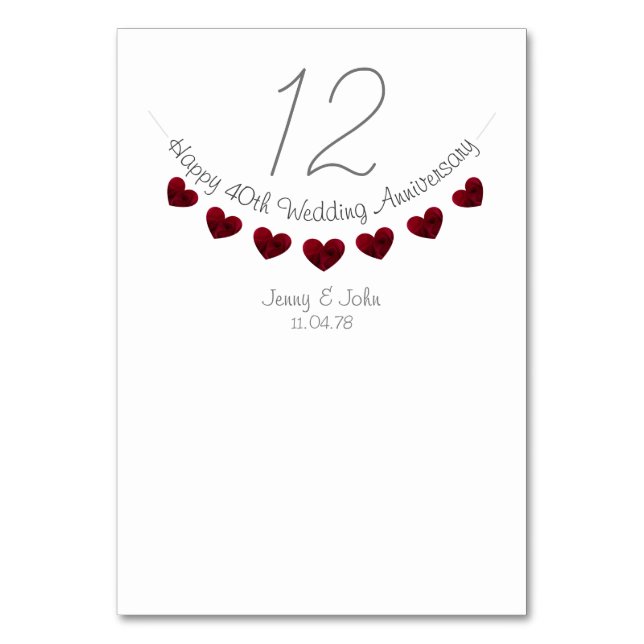 40th ruby heart wedding anniversary table number (Front)