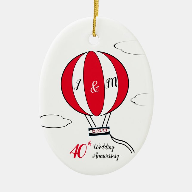 40th ruby hot air balloon anniversary ceramic tree decoration (Front)